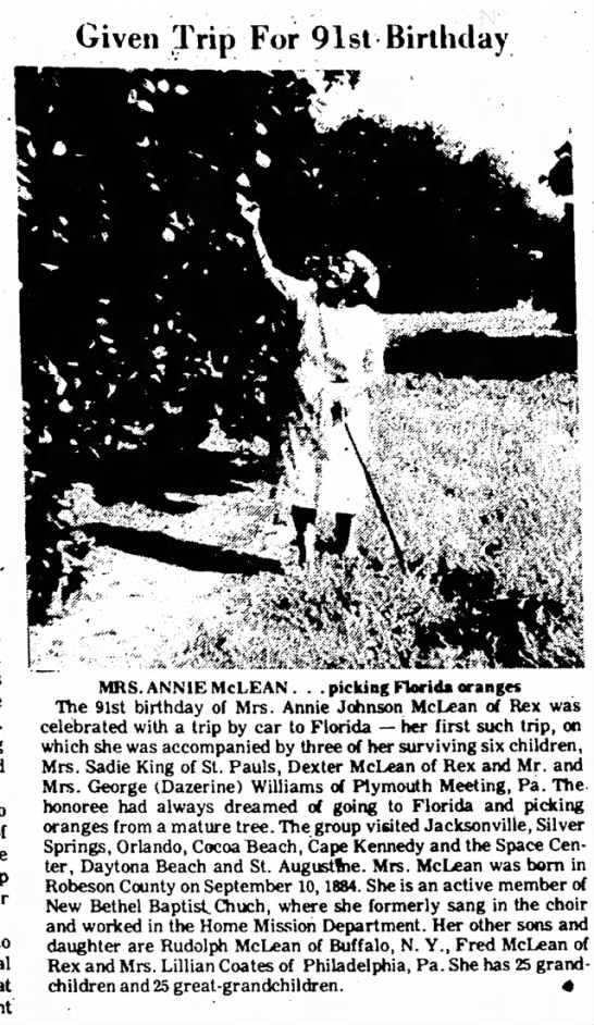 Annie Johnson McLean on vacation in Florida for her 91st birthday - 1975